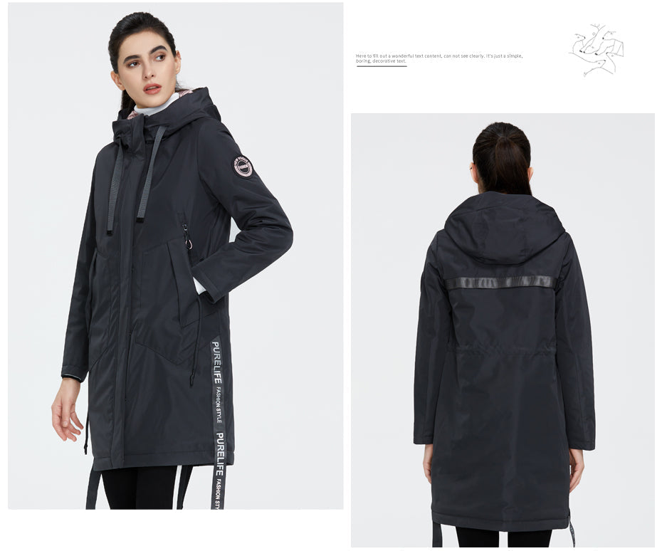 Drawstring Hood Windbreaker Women's Parka Coat
