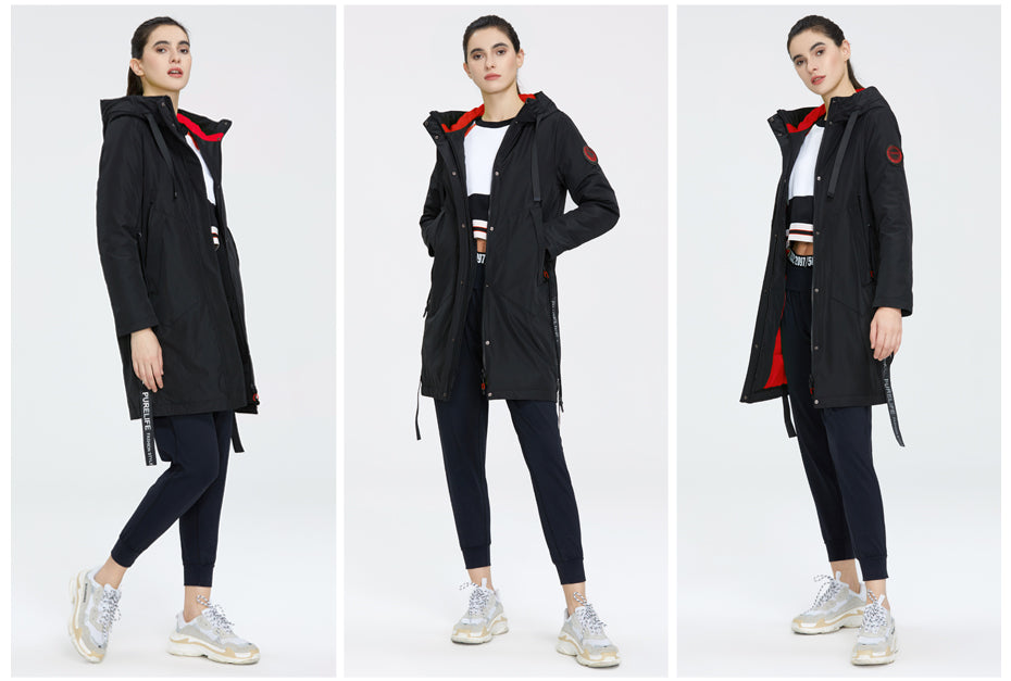 Drawstring Hood Windbreaker Women's Parka Coat