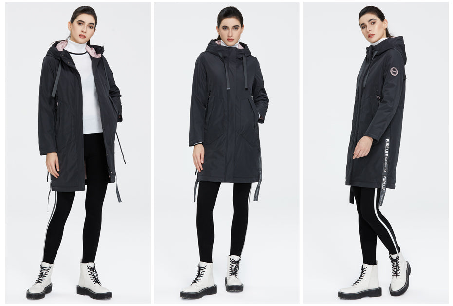 Drawstring Hood Windbreaker Women's Parka Coat