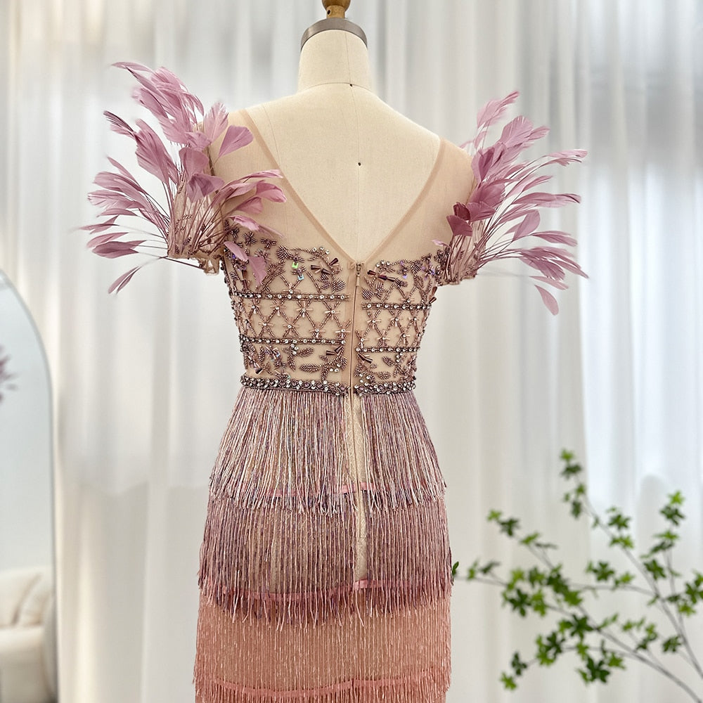 Elegant Feathers Tassel Evening Dress
