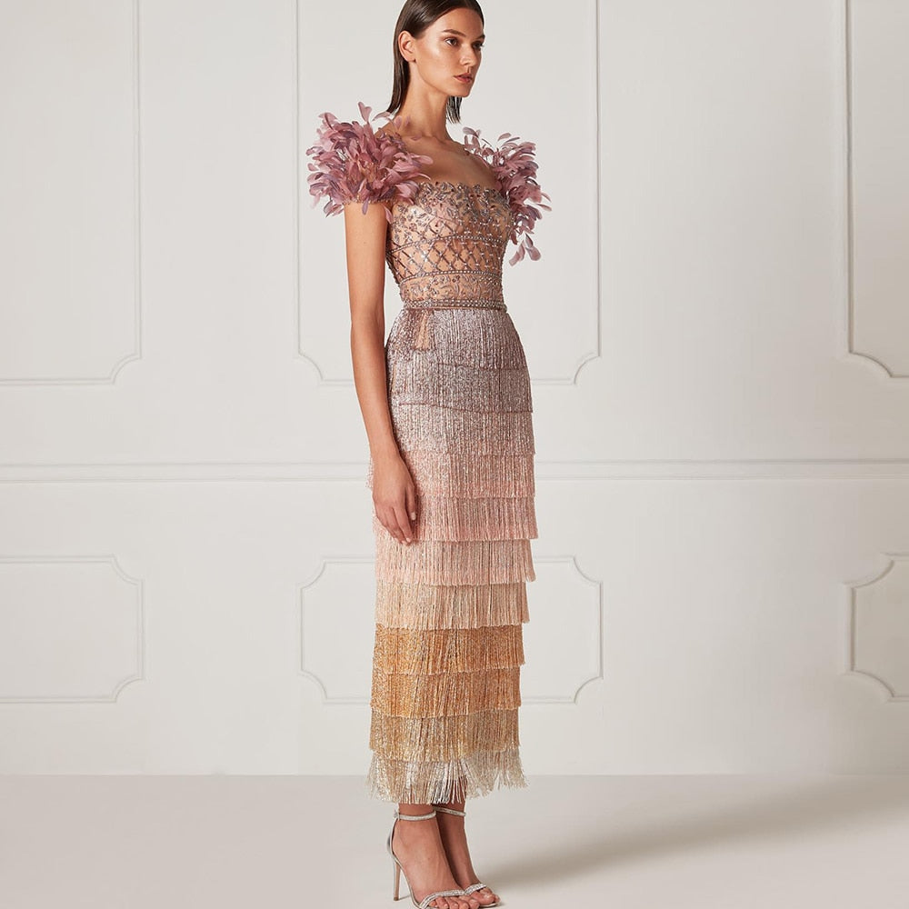 Elegant Feathers Tassel Evening Dress