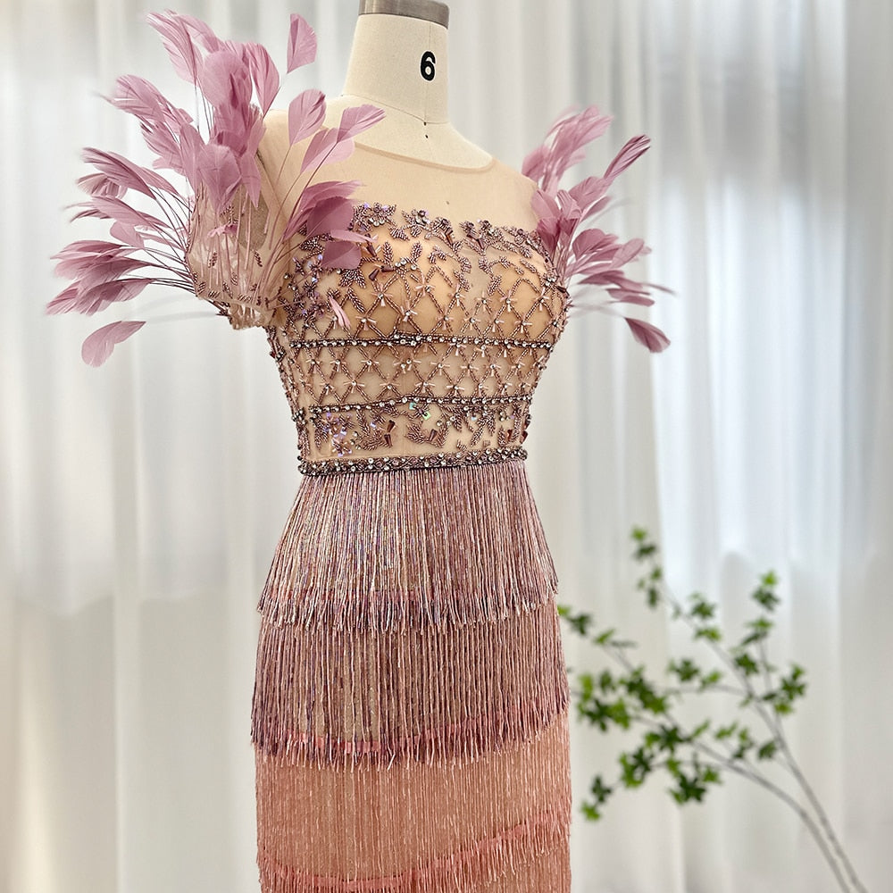 Elegant Feathers Tassel Evening Dress