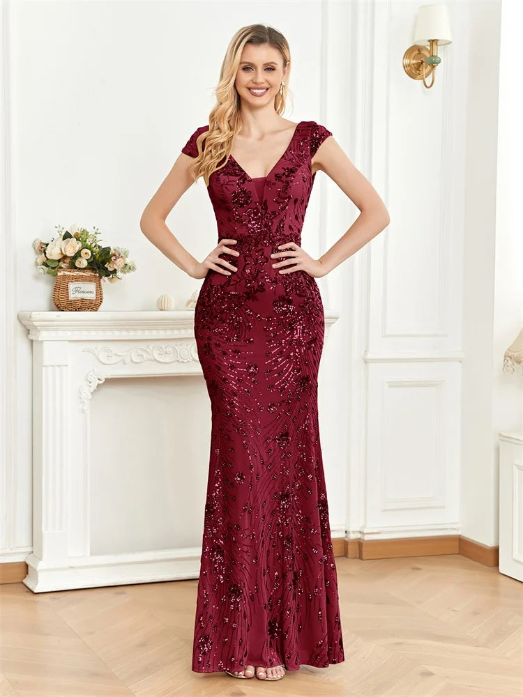 Elegant Sequins V-neck Women's Party Prom Dress