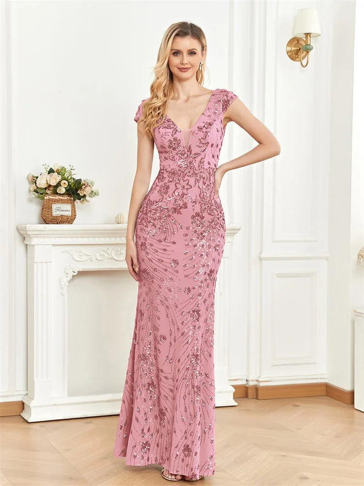 Elegant Sequins V-neck Women's Party Prom Dress