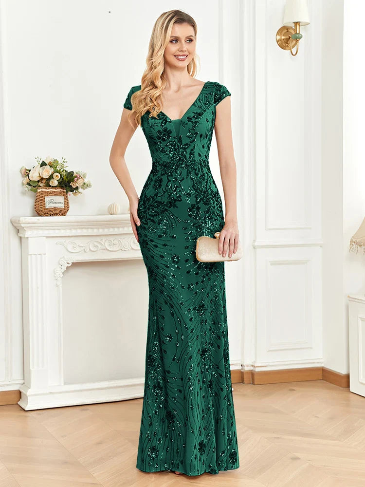 Elegant Sequins V-neck Women's Party Prom Dress