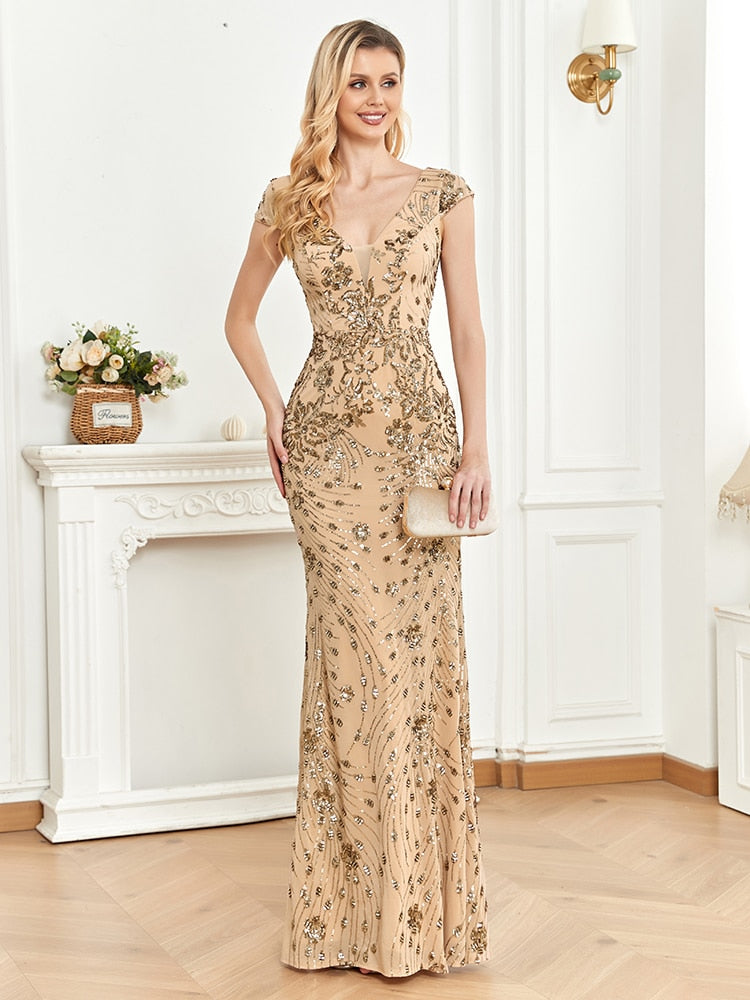 Elegant Sequins V-neck Women's Party Prom Dress
