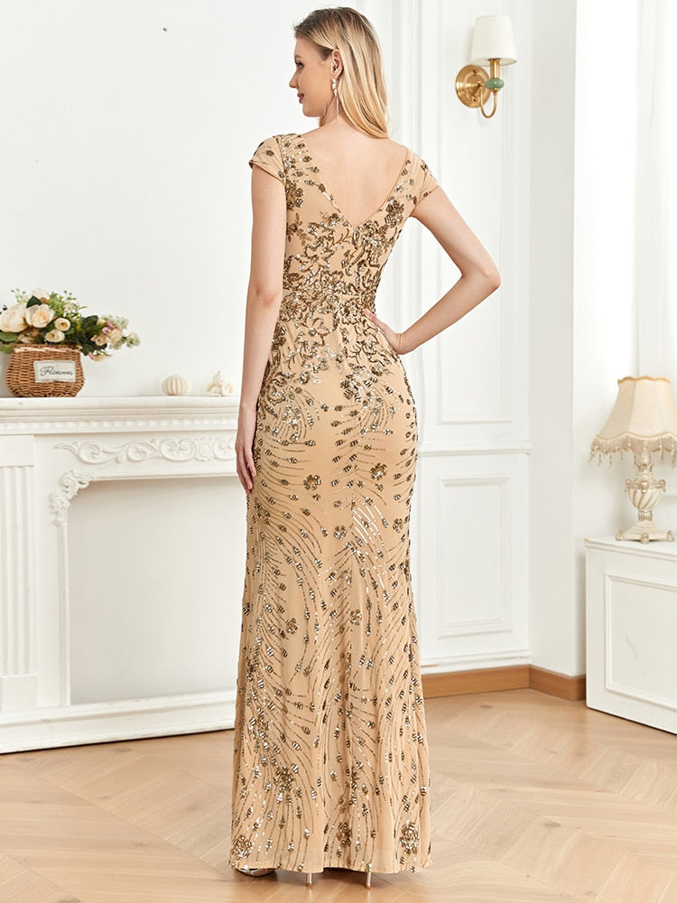 Elegant Sequins V-neck Women's Party Prom Dress