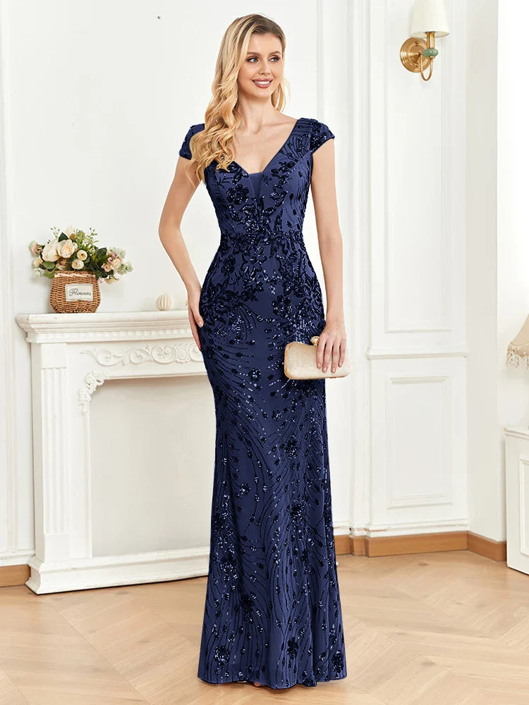 Elegant Sequins V-neck Women's Party Prom Dress