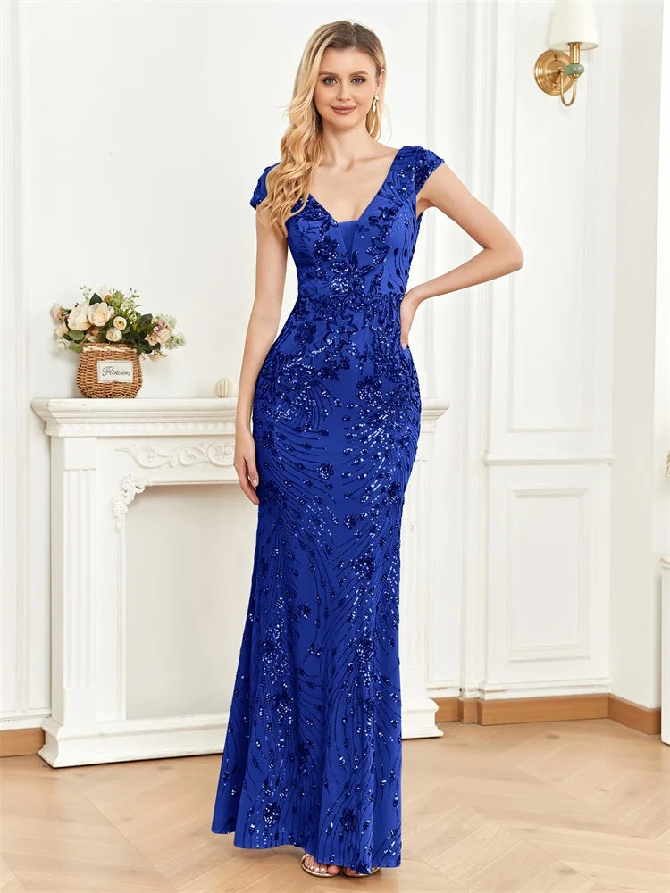Elegant Sequins V-neck Women's Party Prom Dress