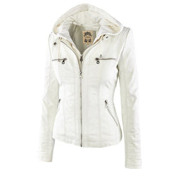 Faux Leather With Removeable Hat Women Coat