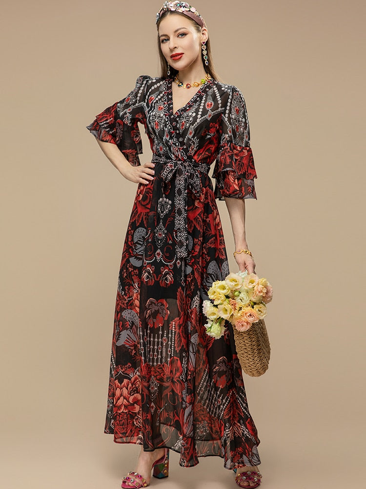 Flare Sleeve Belted Formal Party Dress