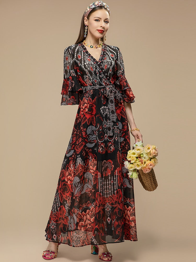 Flare Sleeve Belted Formal Party Dress