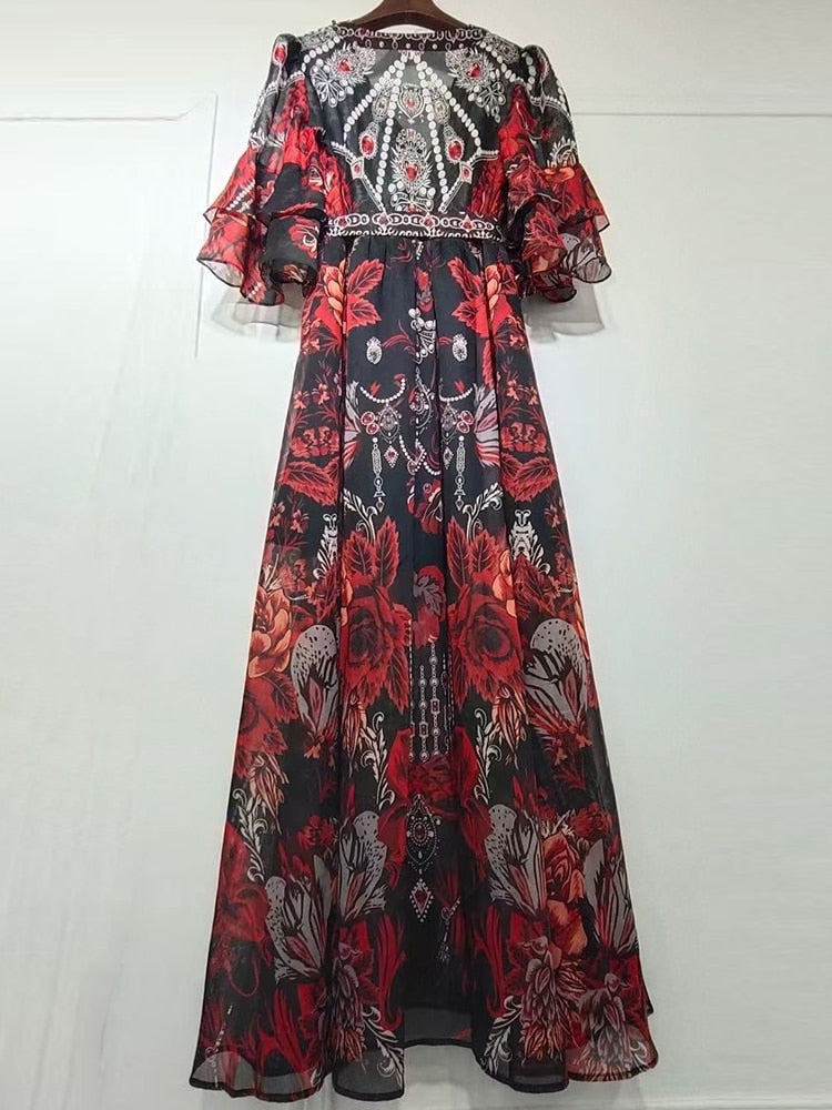 Flare Sleeve Belted Formal Party Dress