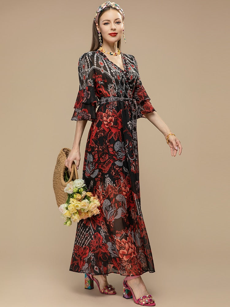 Flare Sleeve Belted Formal Party Dress