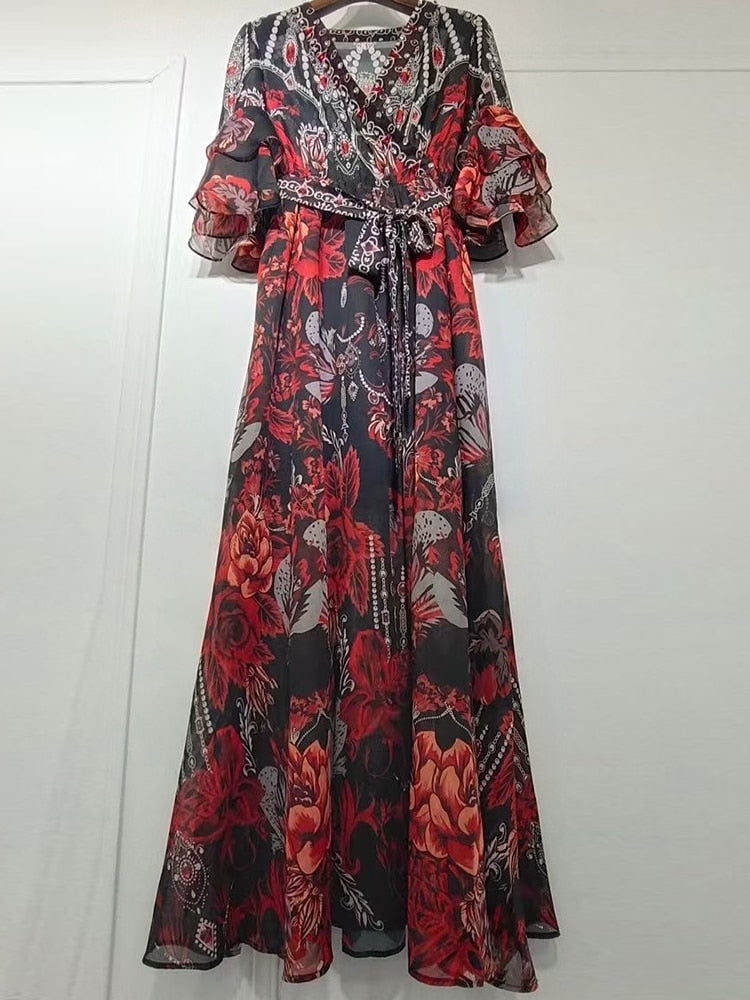 Flare Sleeve Belted Formal Party Dress