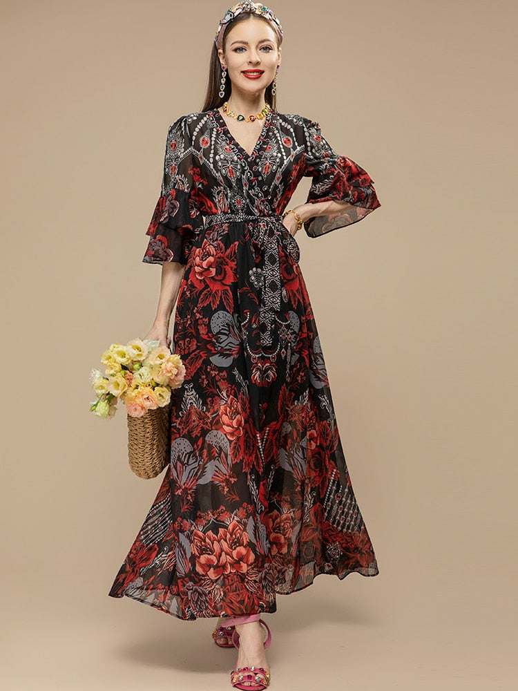 Flare Sleeve Belted Formal Party Dress