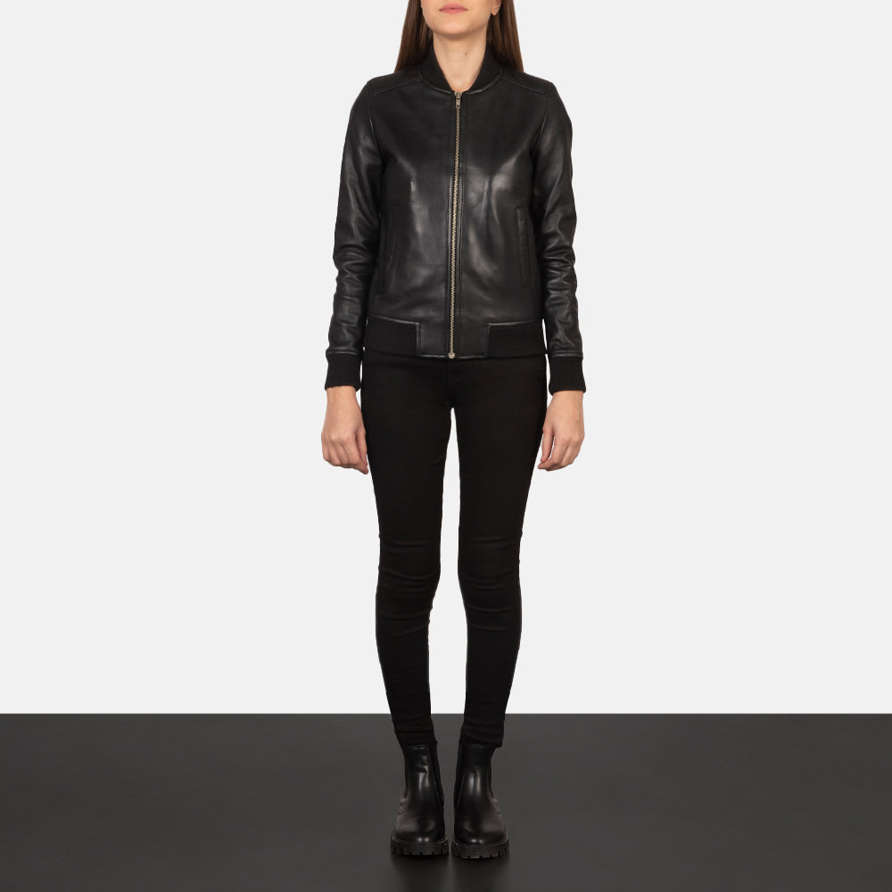 Genuine Black Leather Women's Bomber Jacket