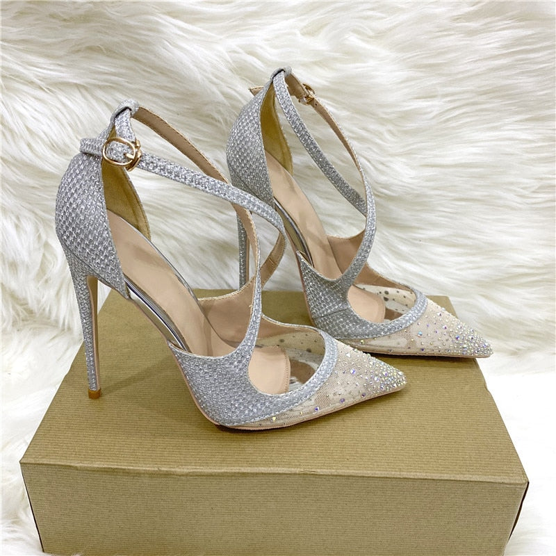 Glitter Sequined Cross Strap Women's High Heel Pumps