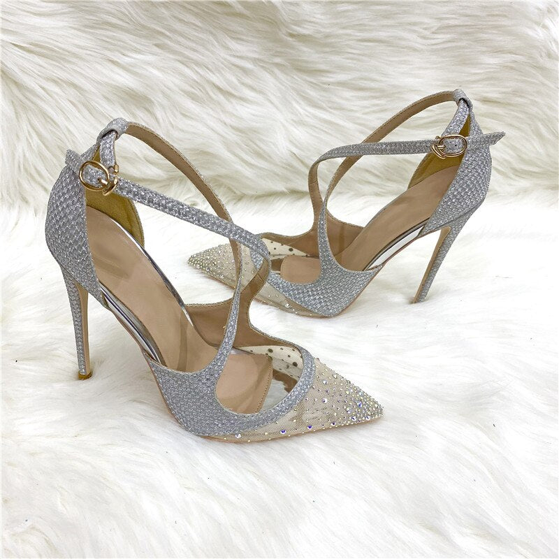 Glitter Sequined Cross Strap Women's High Heel Pumps