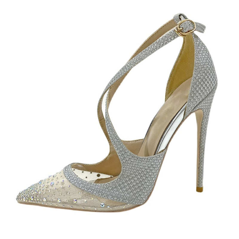 Glitter Sequined Cross Strap Women's High Heel Pumps