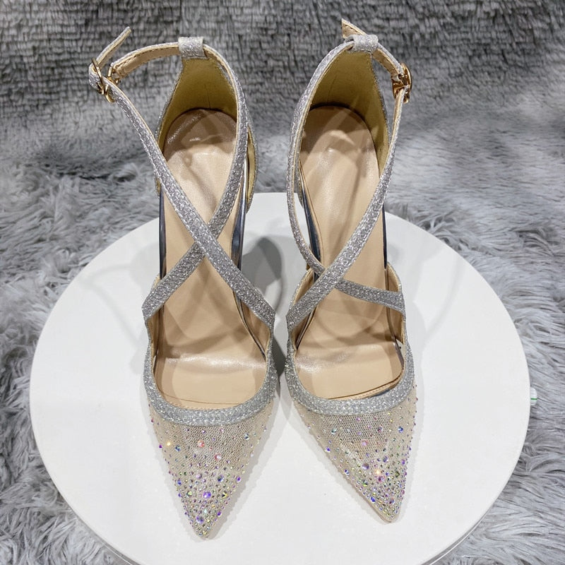 Glitter Sequined Cross Strap Women's High Heel Pumps