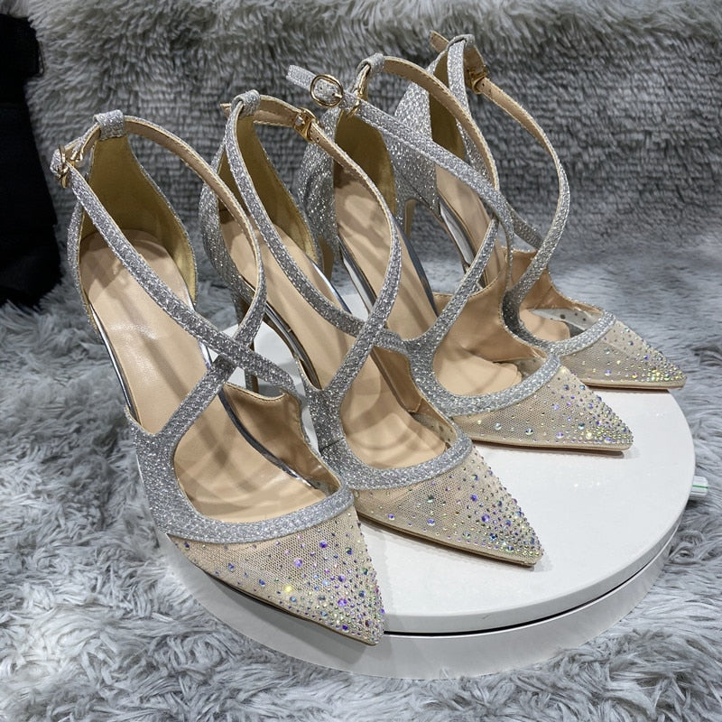 Glitter Sequined Cross Strap Women's High Heel Pumps