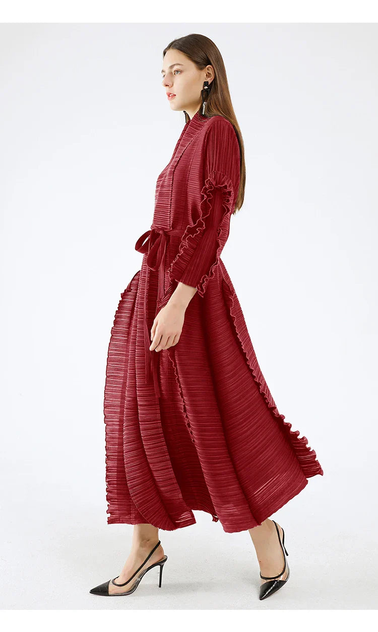 Pleated Sleeve Lapel Cardigan Dress