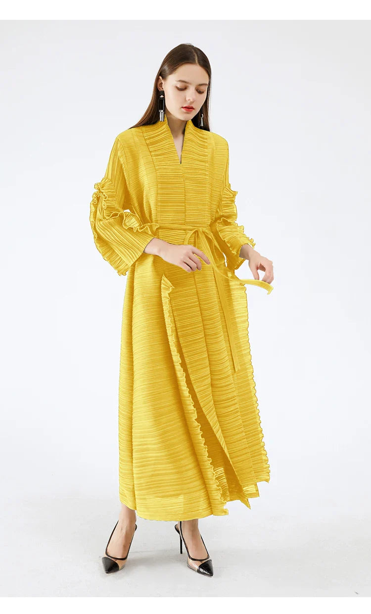 Pleated Sleeve Lapel Cardigan Dress