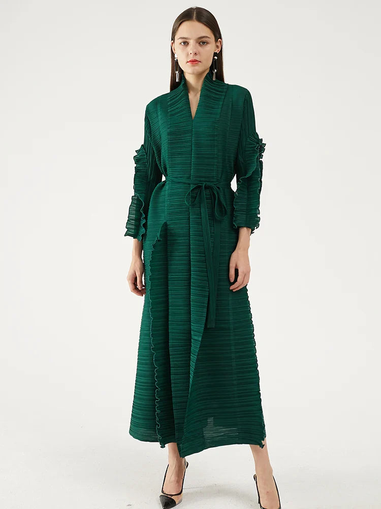 Pleated Sleeve Lapel Cardigan Dress