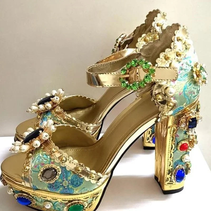Jewel-Embellished Metallic Platform Sandals