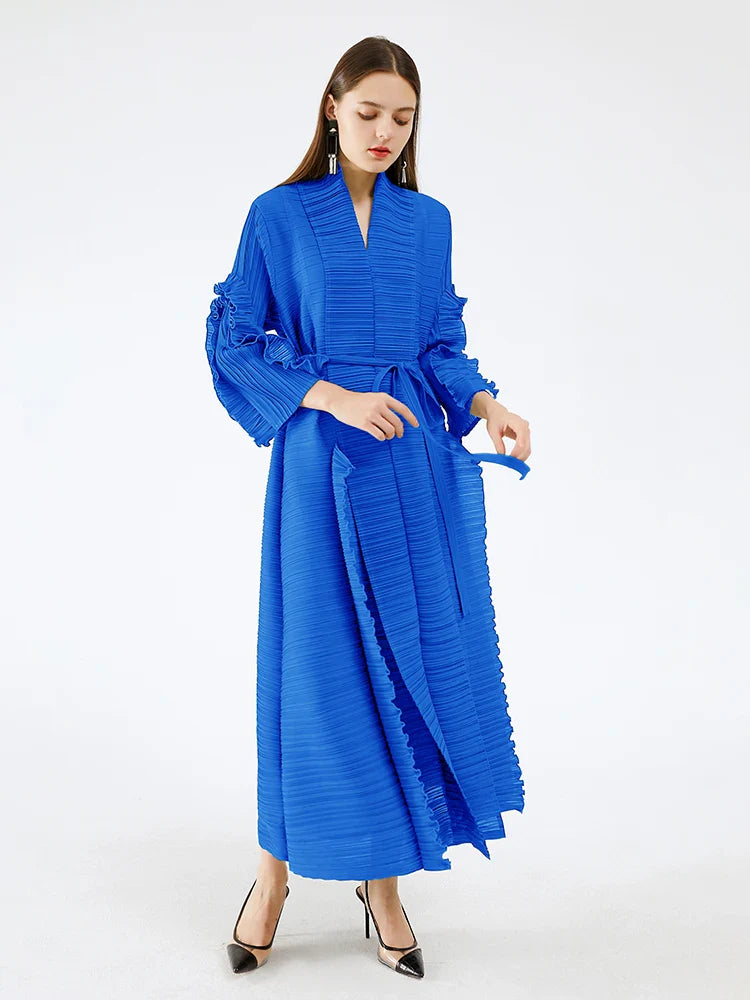 Pleated Sleeve Lapel Cardigan Dress