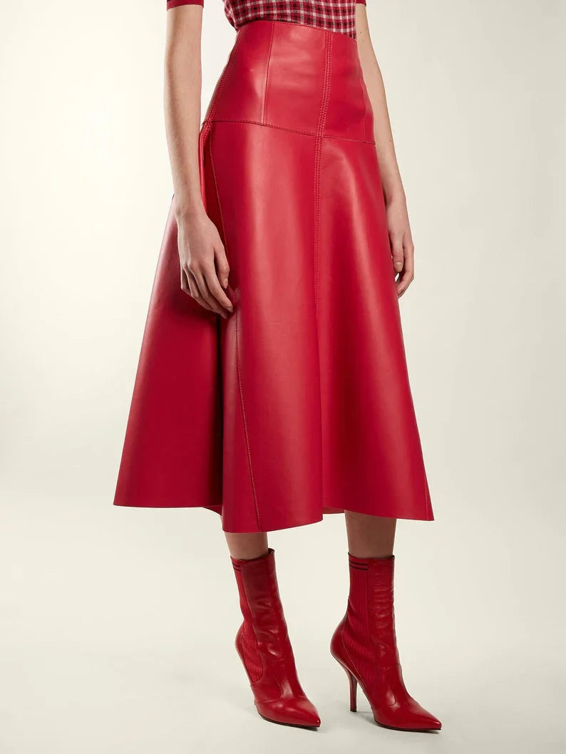 Handmade Genuine Lambskin Leather Women's A Line Skirt