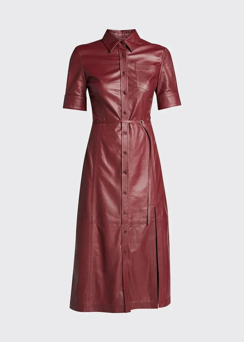 Handmade Lambskin Leather Women's Mid Calf Shirt Dress