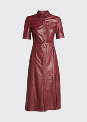 Handmade Lambskin Leather Women's Mid Calf Shirt Dress