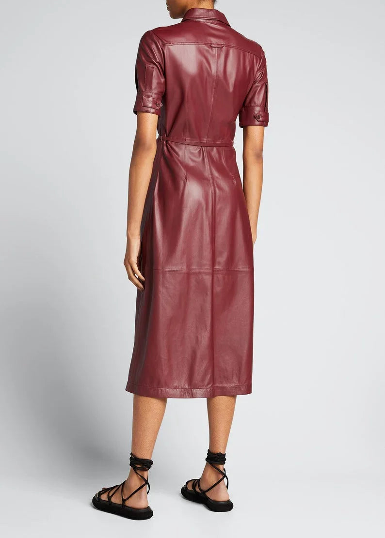 Handmade Lambskin Leather Women's Mid Calf Shirt Dress