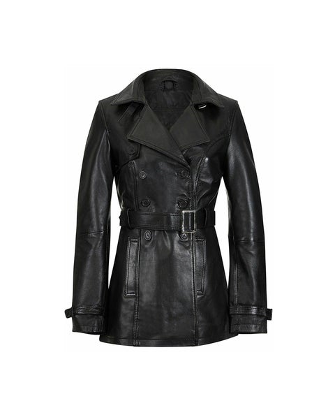 Knee Length Women's Black Leather Trench Coat