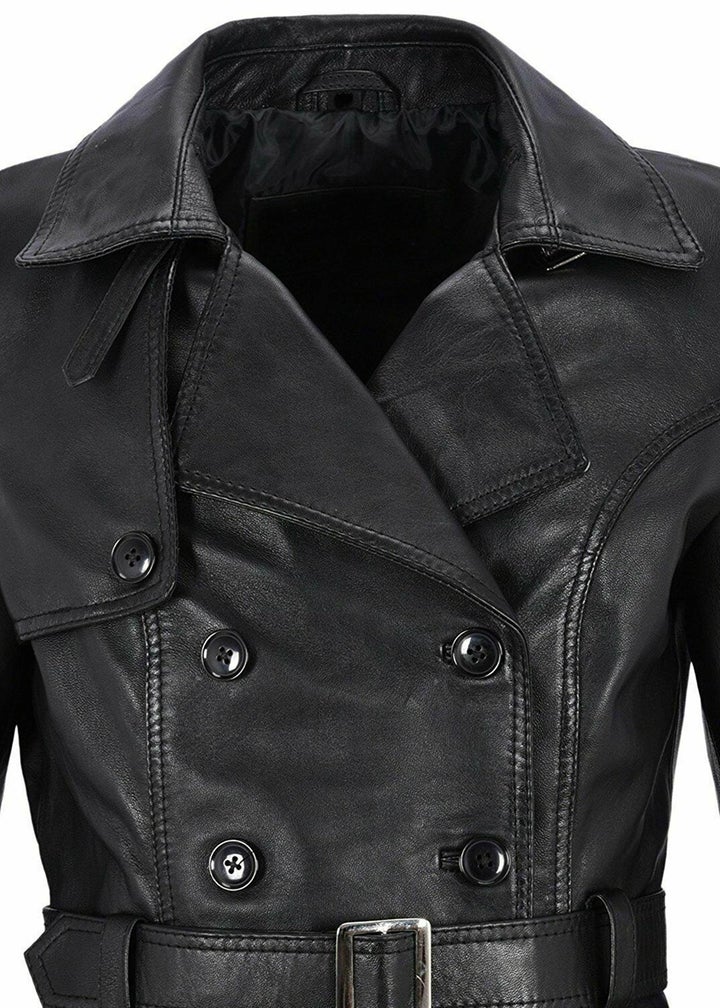 Knee Length Women's Black Leather Trench Coat