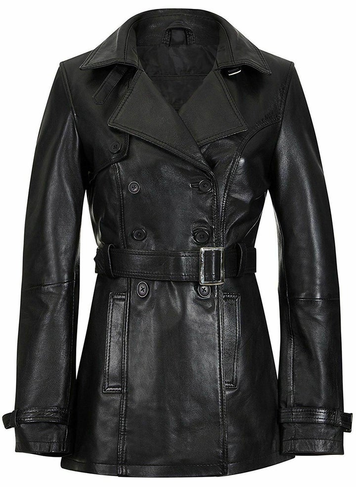 Knee Length Women's Black Leather Trench Coat