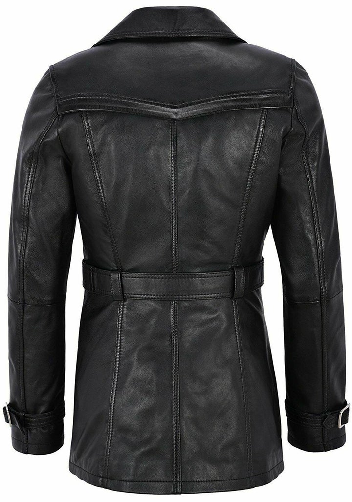 Knee Length Women's Black Leather Trench Coat