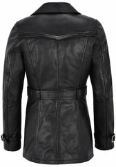 Knee Length Women's Black Leather Trench Coat