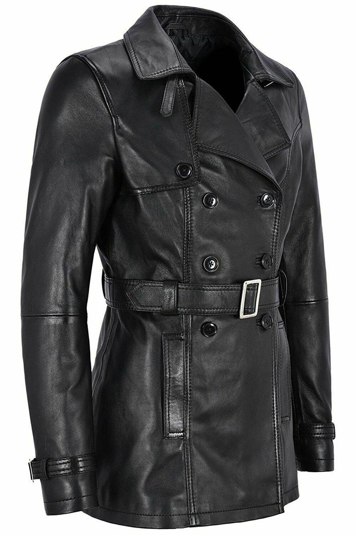 Knee Length Women's Black Leather Trench Coat