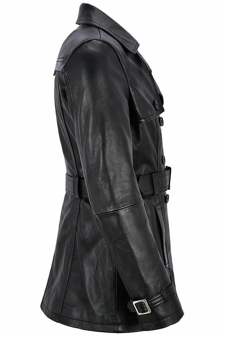 Knee Length Women's Black Leather Trench Coat