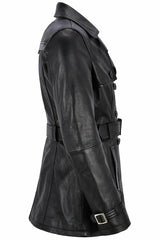 Knee Length Women's Black Leather Trench Coat