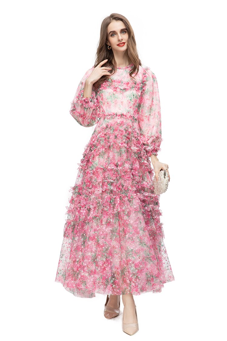 Lantern Long Sleeve Women's Ruffles Mesh Dress