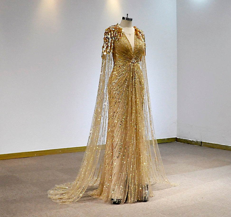 Luxury Gold Full Crystals Beading Evening Skirt Dress