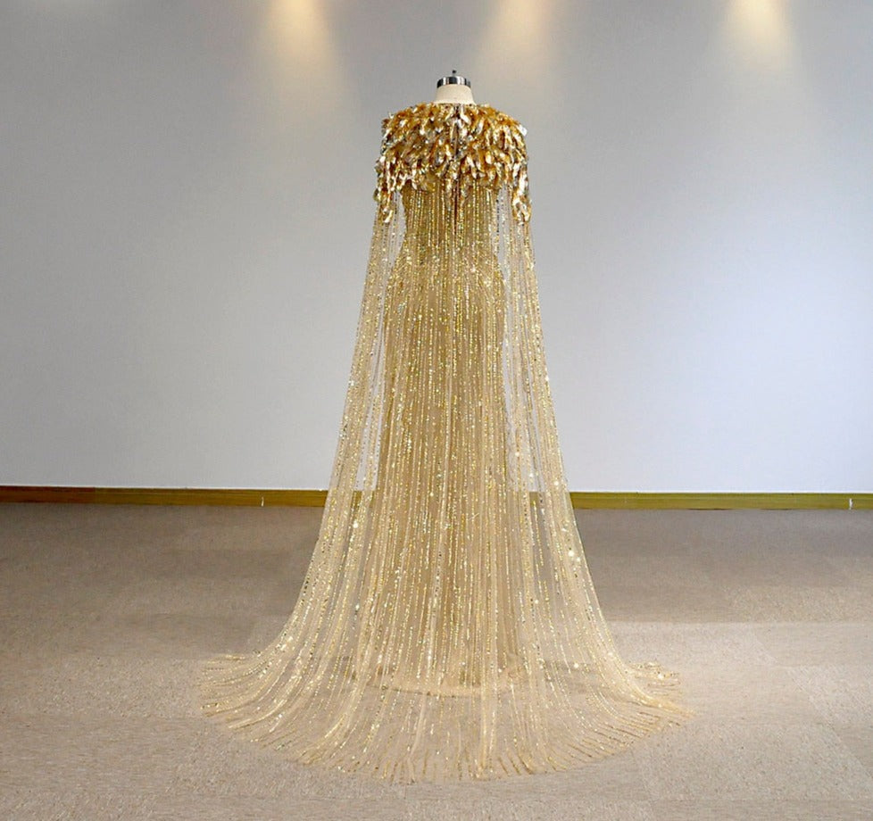 Luxury Gold Full Crystals Beading Evening Skirt Dress