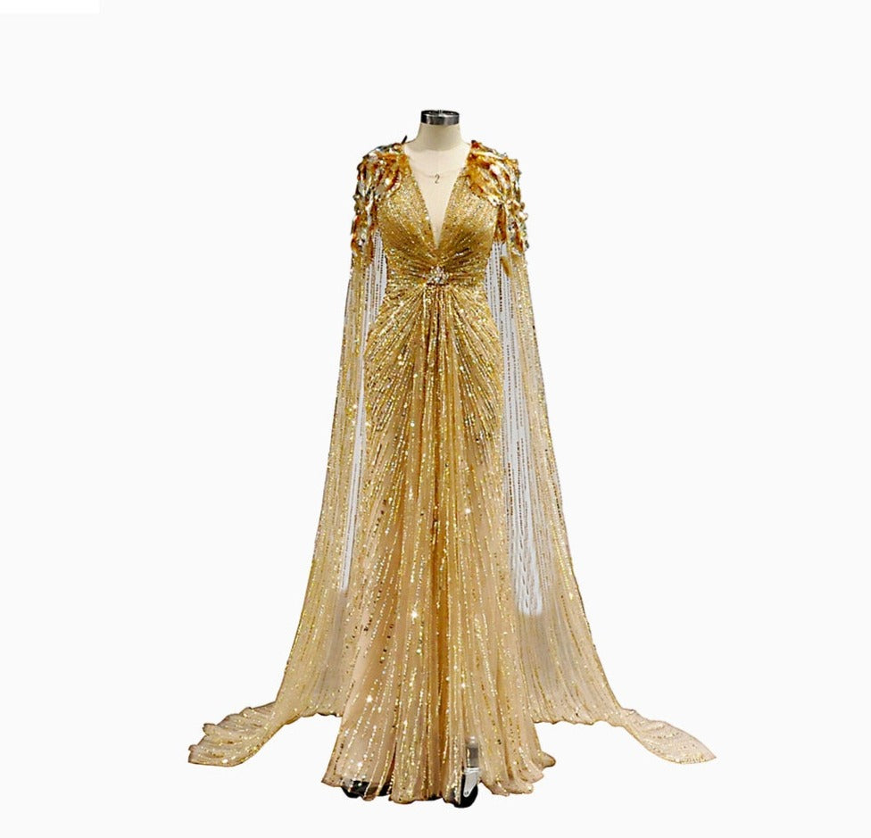 Luxury Gold Full Crystals Beading Evening Skirt Dress