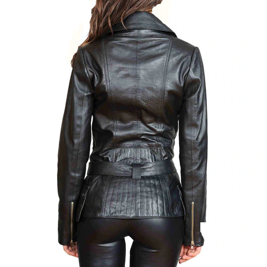 Mid Length Fitted Women's Sheepskin Leather Biker Jacket