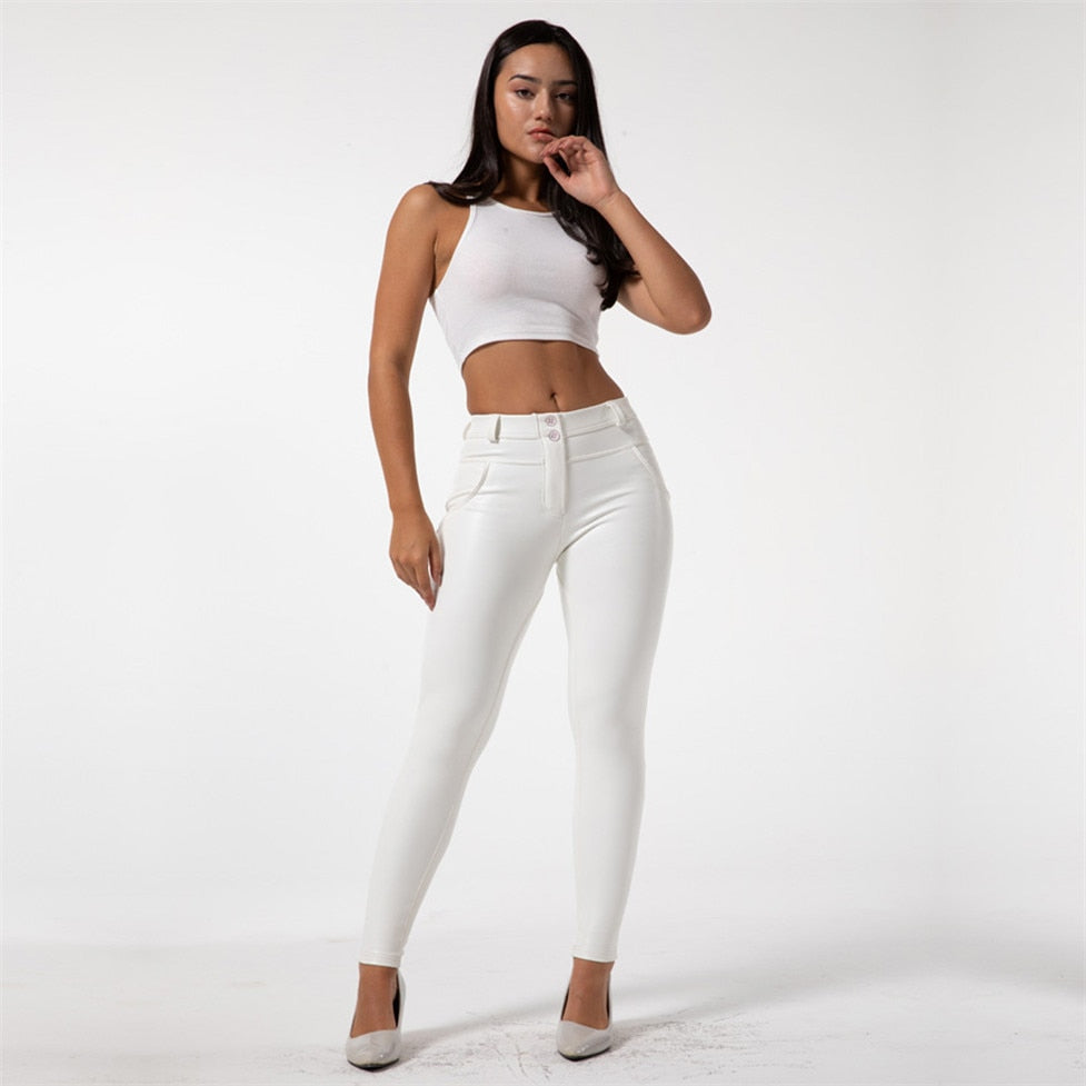 Mid-waist Women's Faux Leather Pants With Fleece Lined