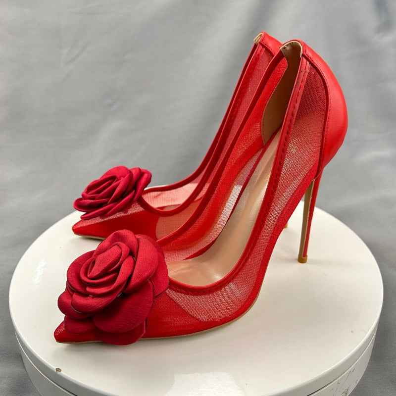 Red Flower Mesh Women High Heel Stiletto Pumps